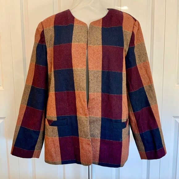 BFA Classics Blue Orange Plaid Wool Blend Open Blazer Plus Size 20W - Picture 1 of 9